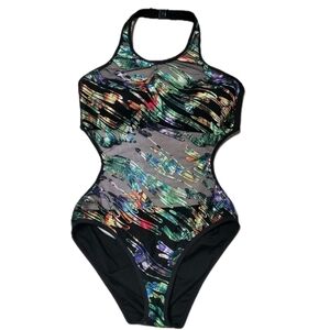 Kenneth Cole Mesh Black One-Piece Swimsuit with Multicolor Abstract Print
